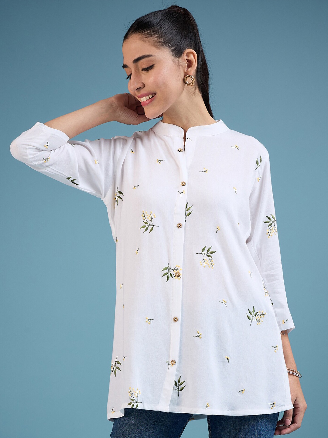 

DressBerry Floral Printed Mandarin Collar Shirt Style Top, White