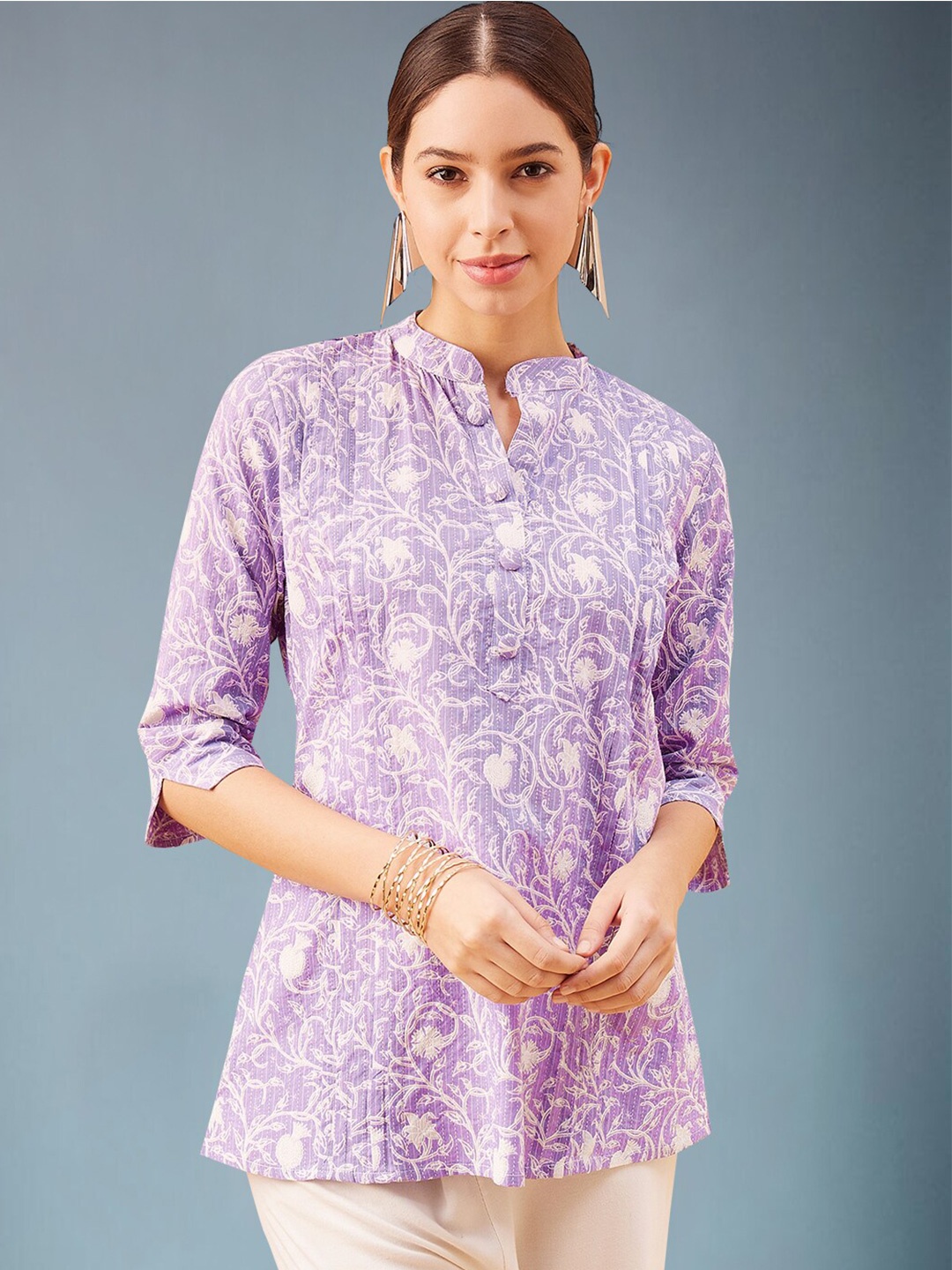 

DressBerry Printed Mandarin Collar Cotton Top, Lavender