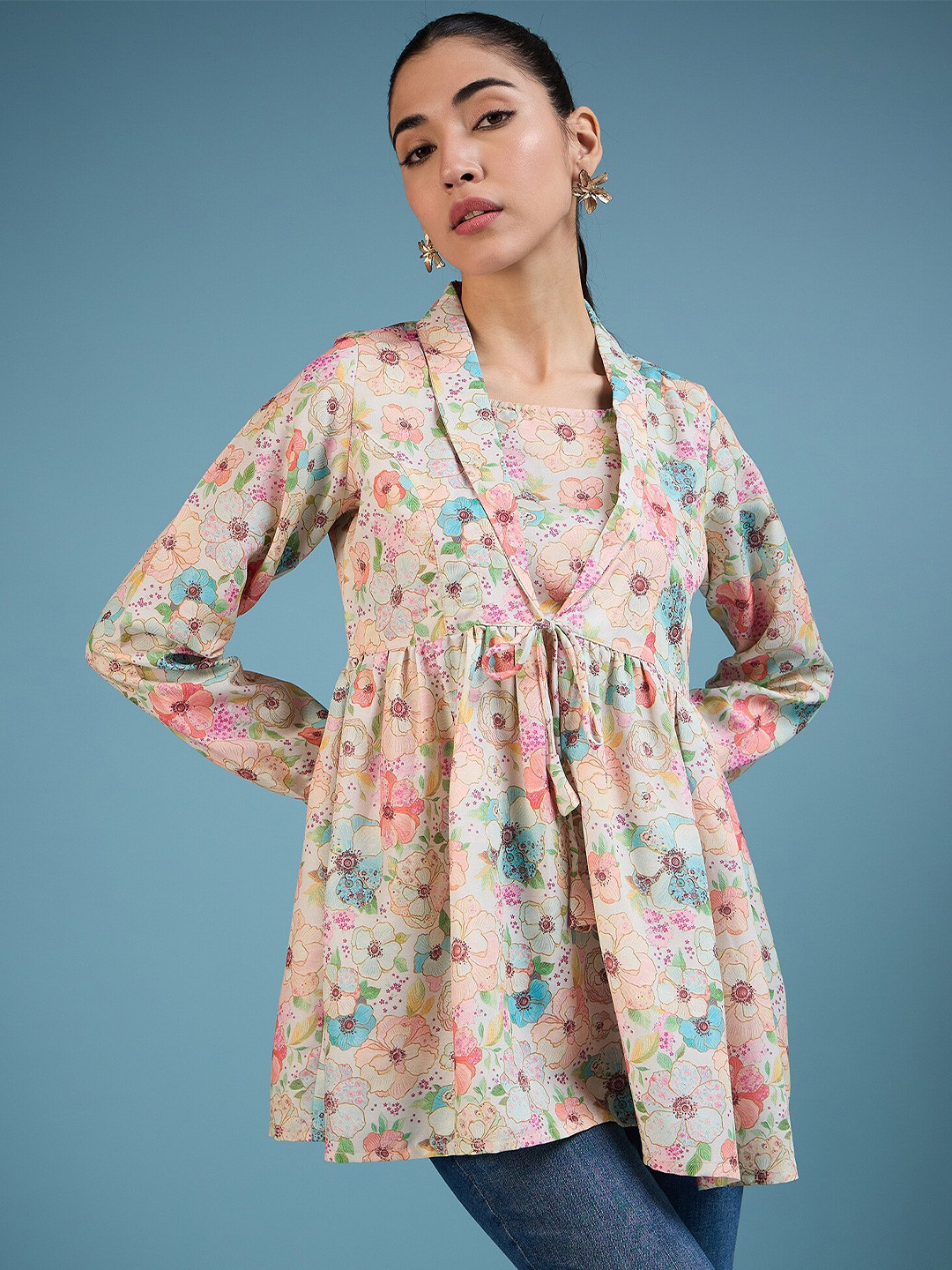 

DressBerry Cream Floral Print V-Neck Long Sleeves Empire Longline Top
