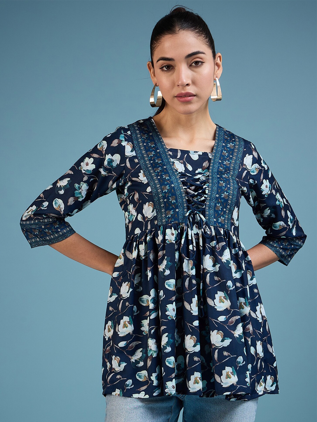 

DressBerry Navy Blue Floral Printed Square Neck Empire Top