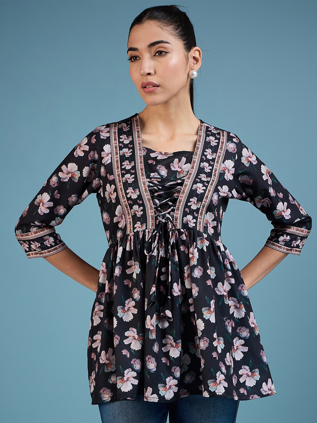 

DressBerry Black Floral Printed Square Neck Peplum Top