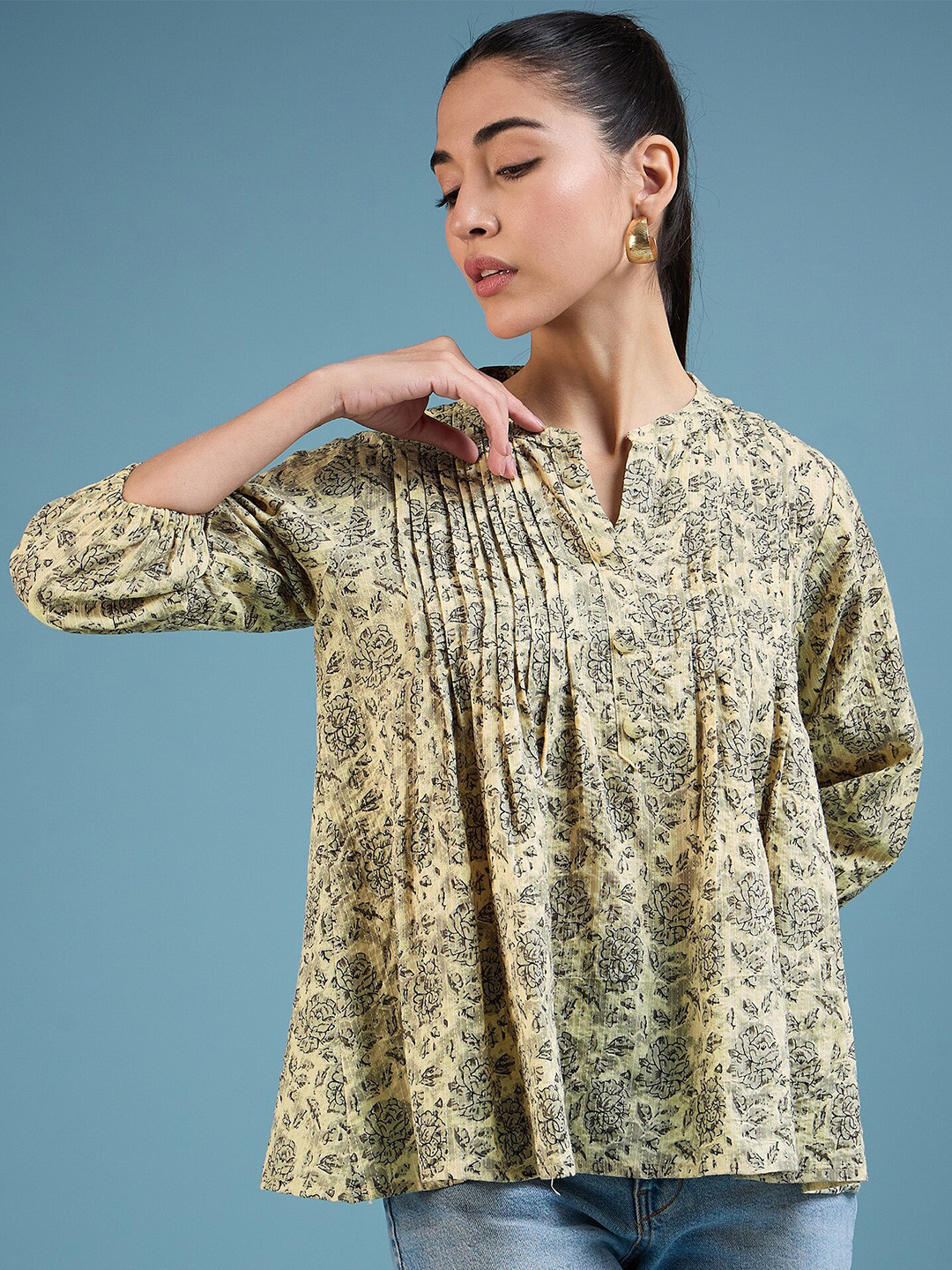 

DressBerry Printed Mandarin Collar Pleated Cotton Top, Beige