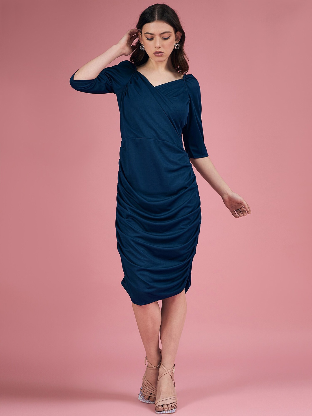 

DressBerry Green Ruched Puff Sleeve Sheath Dress