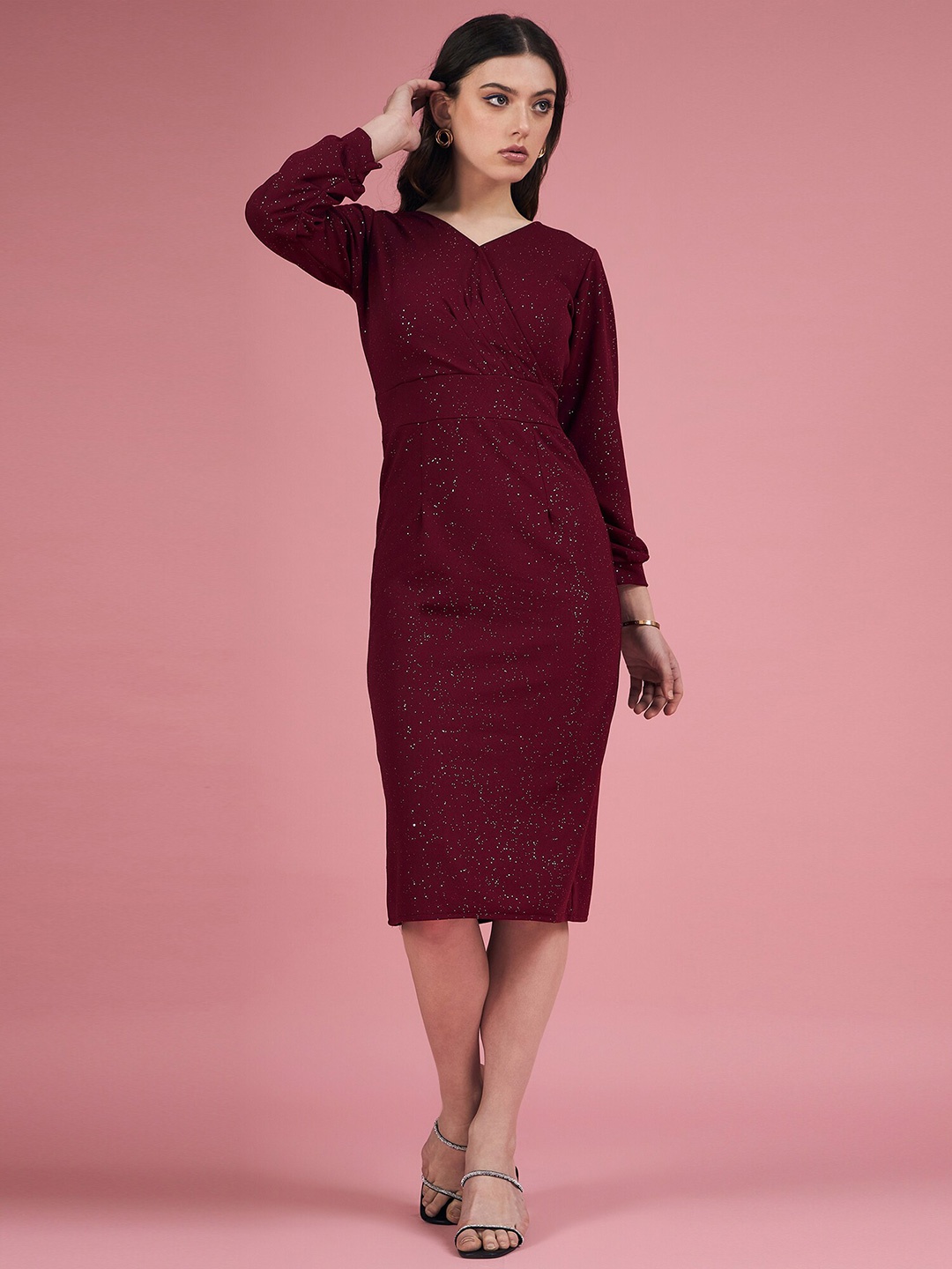 

DressBerry Purple Embellished V-Neck Puff Sleeve Sheath Dress