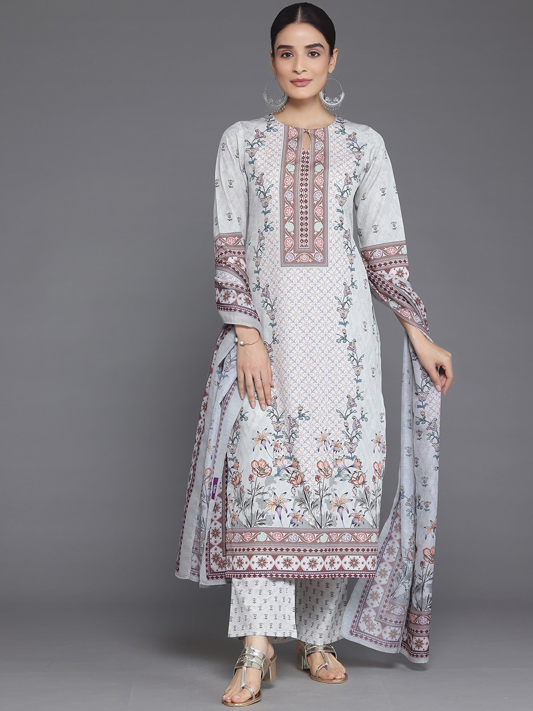 

Libas Floral Printed Sequinned Kurta with Trousers & With Dupatta, Grey