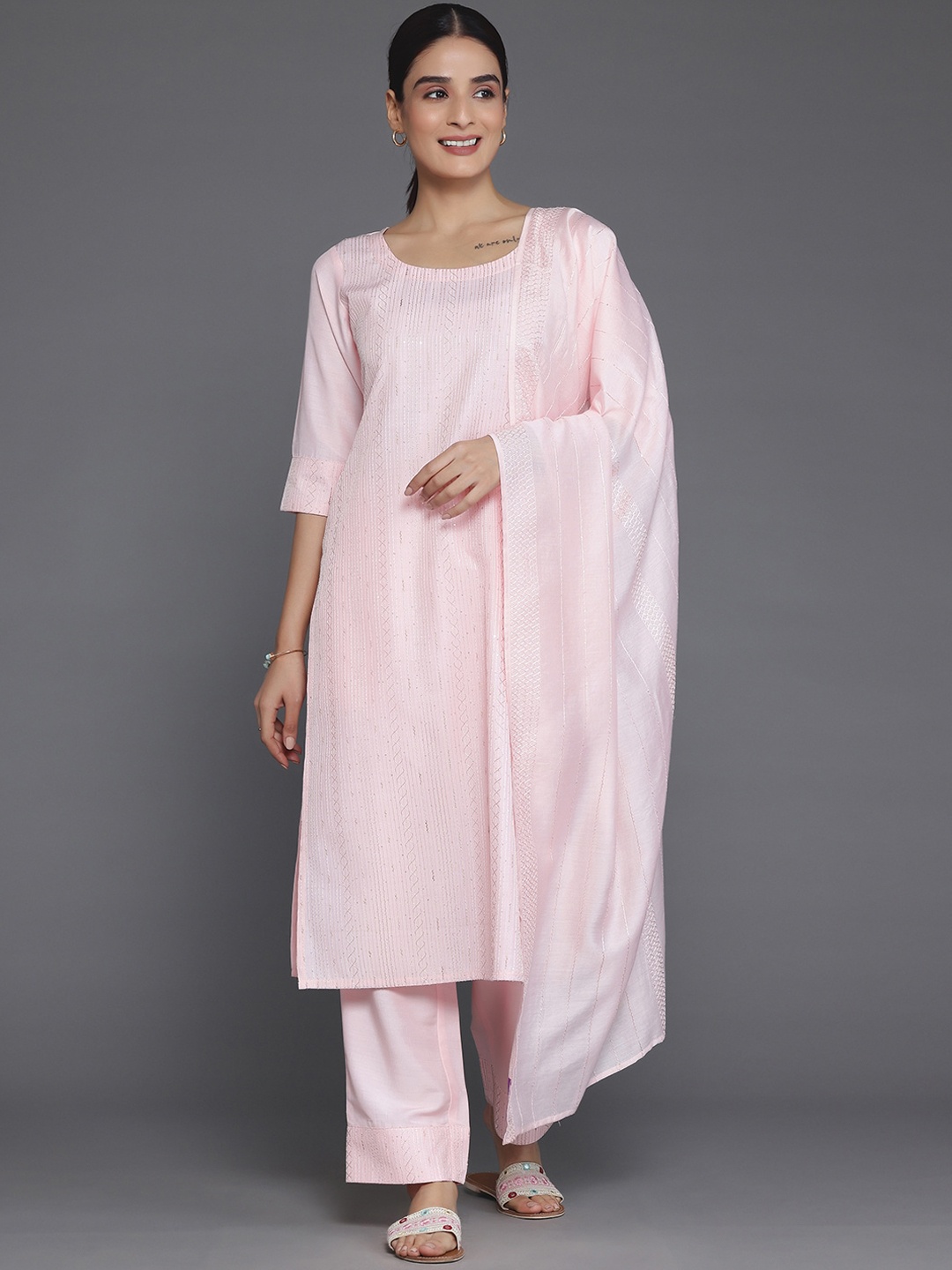 

Libas Regular Sequinned Kurta with Palazzos & Dupatta, Peach