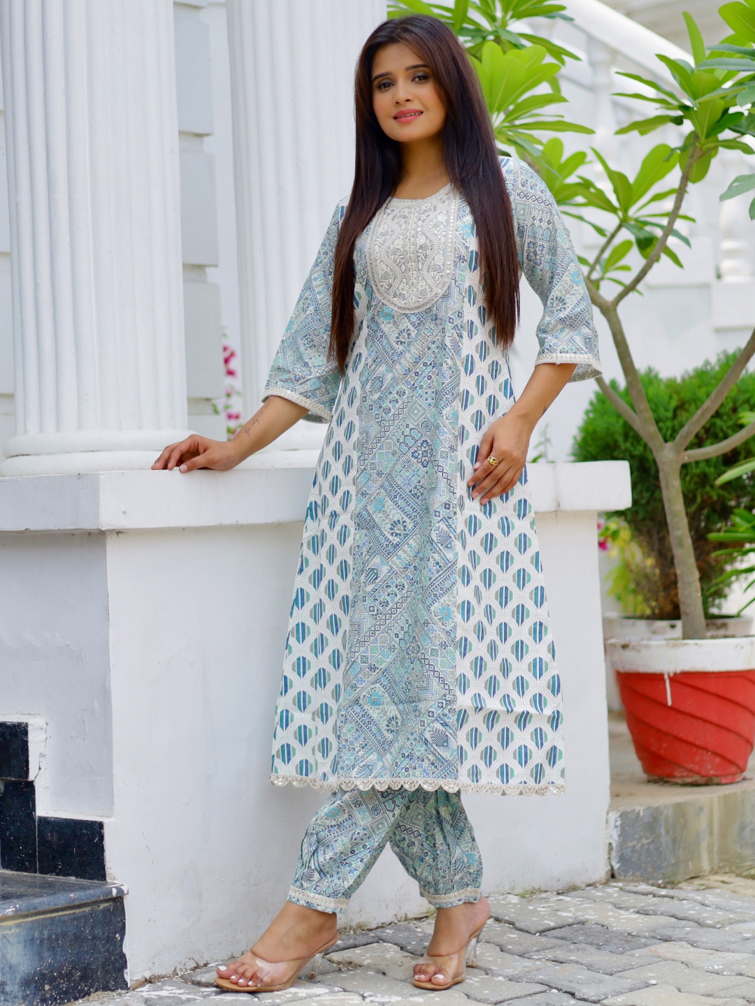 

Libas Ethnic Motifs Printed Round Neck A-Line Kurta with Salwar, White