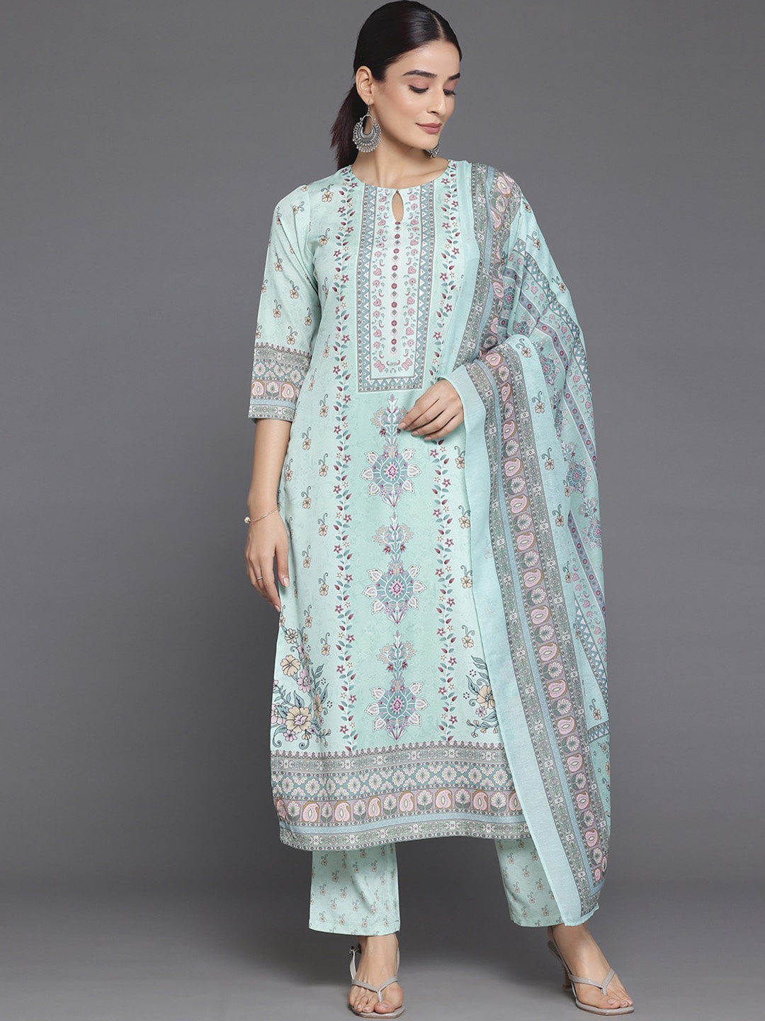 

Libas Floral Printed Regular Kurta with Palazzos & Dupatta, Sea green