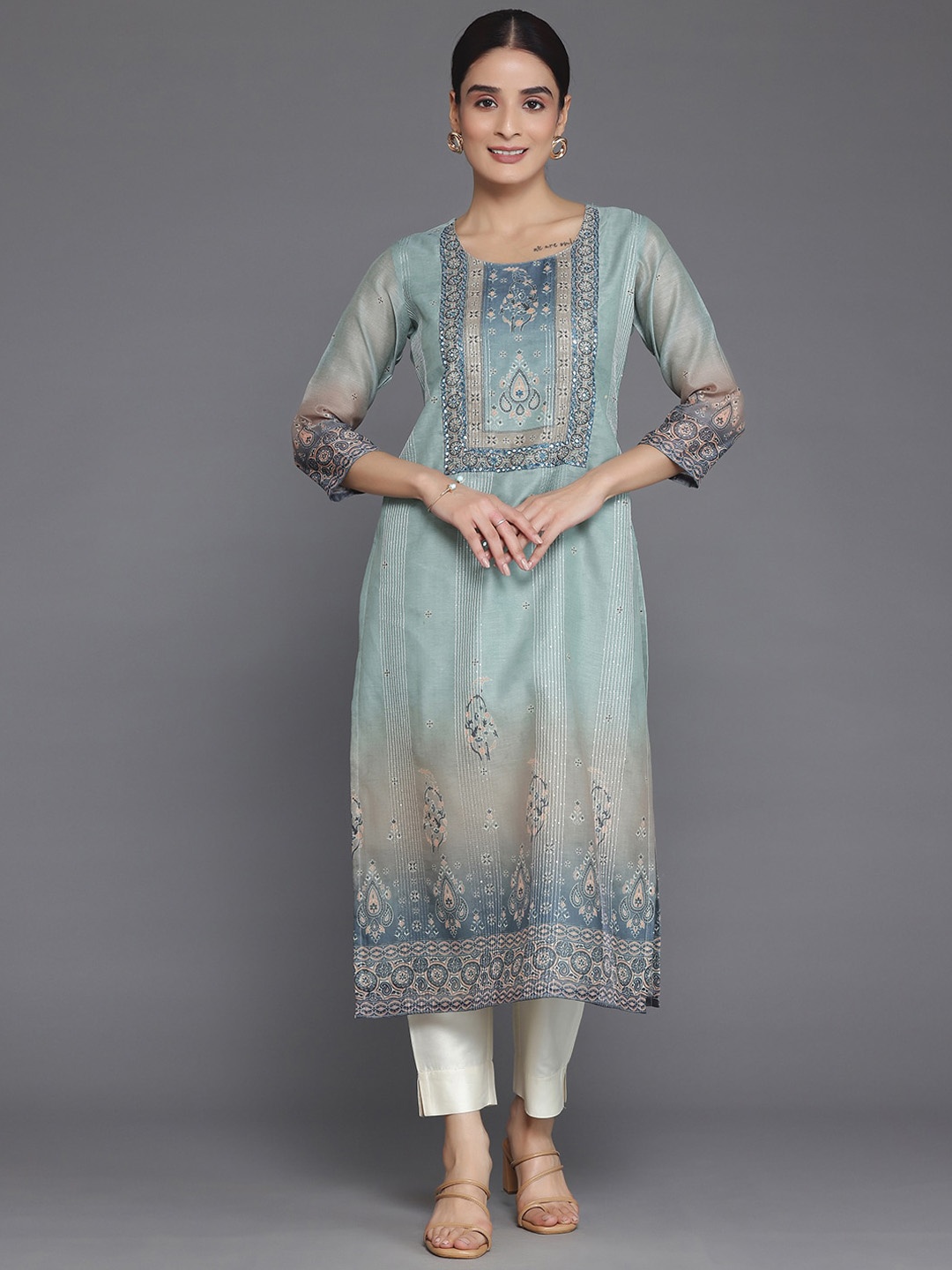 

Libas Round Neck Ethnic Motifs Printed Sequinned Chanderi Silk Kurta, Grey