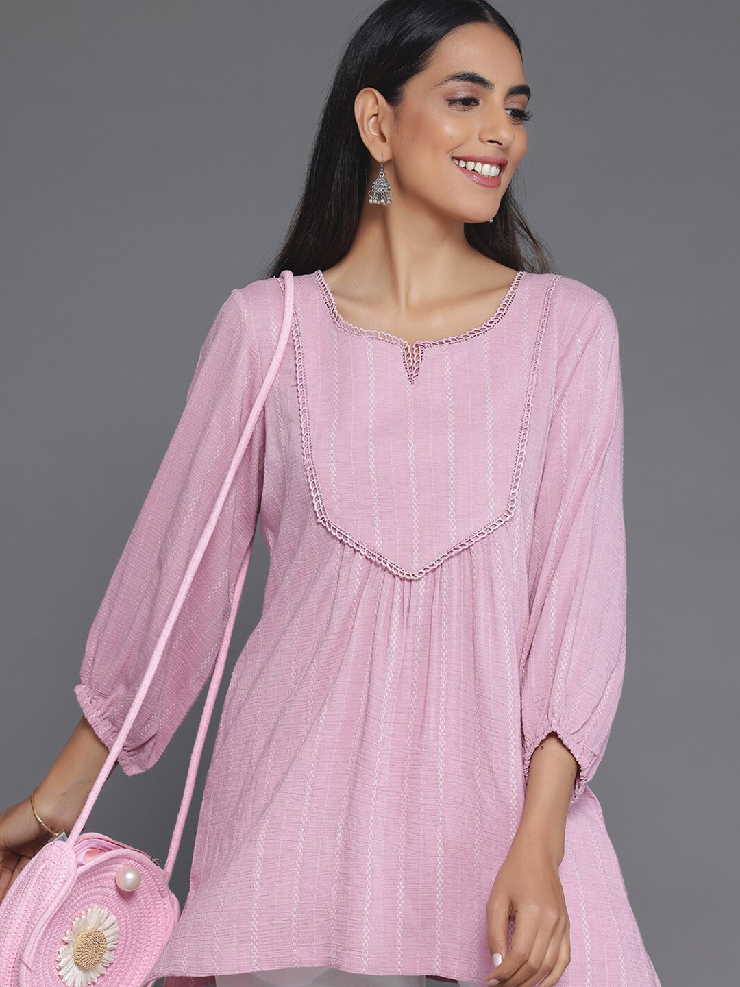 

Libas Striped Puff Sleeves Lace Straight Kurti, Pink