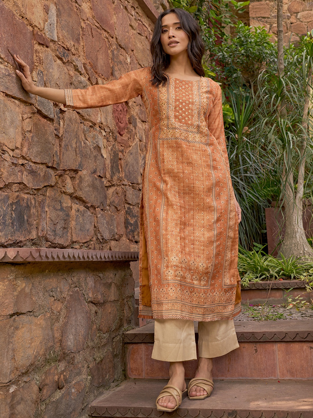 

Libas Ethnic Motifs Printed Thread Work Chanderi Silk Kurta, Mustard
