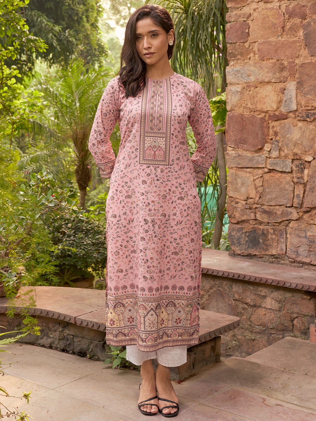 

Libas Ethnic Motifs Printed Keyhole Neck Crepe Kurta, Peach