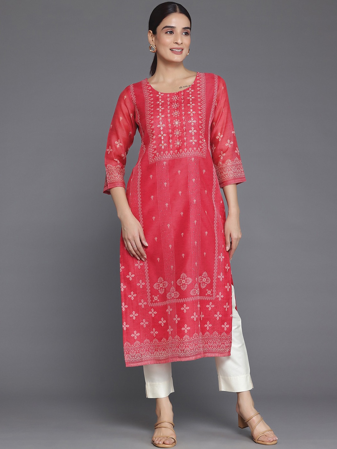 

Libas Ethnic Motifs Printed Mirror Work Chanderi Silk Kurta, Coral