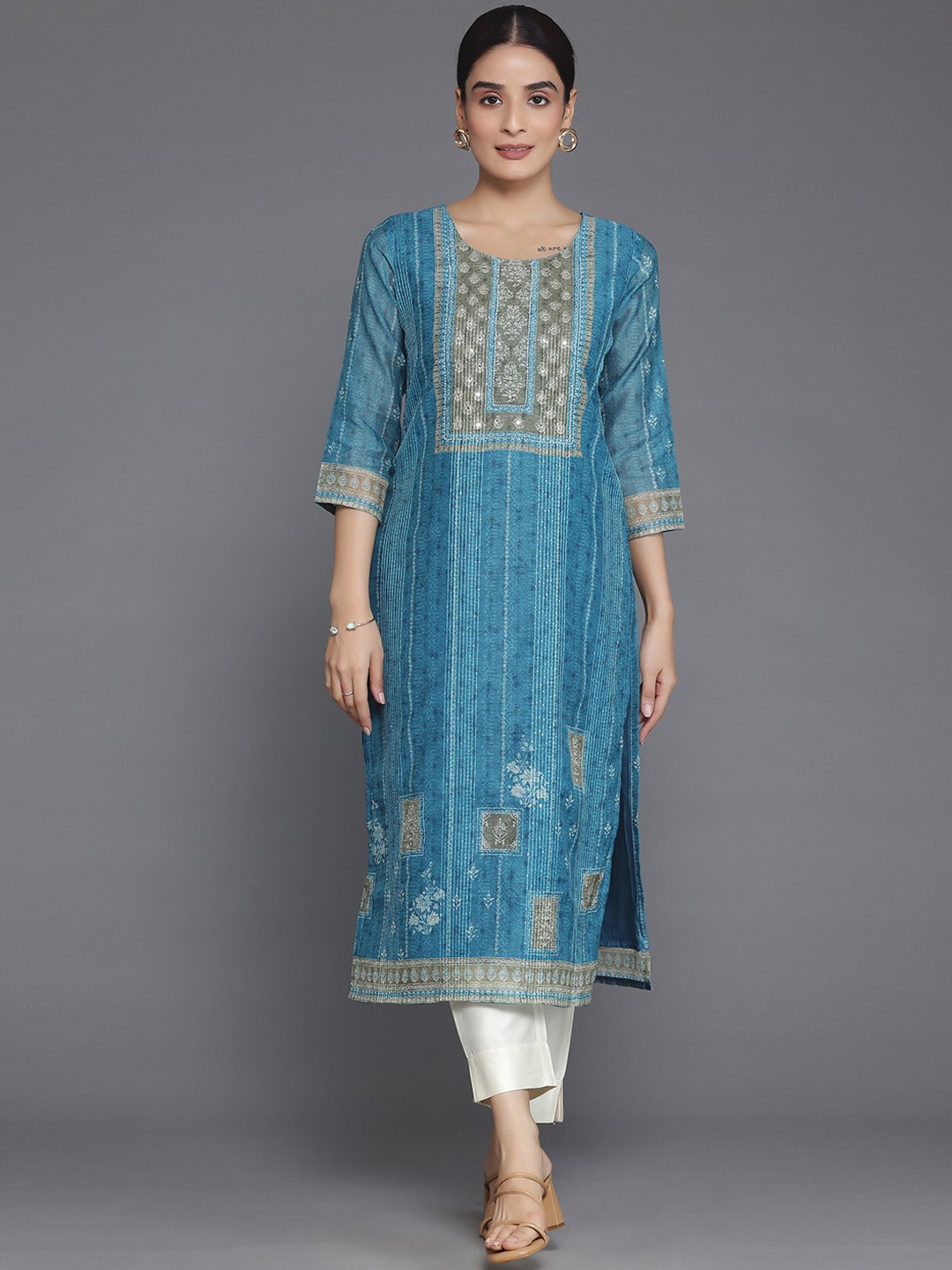 

Libas Ethnic Motifs Yoke Design Sequinned Chanderi Silk Kurta, Blue