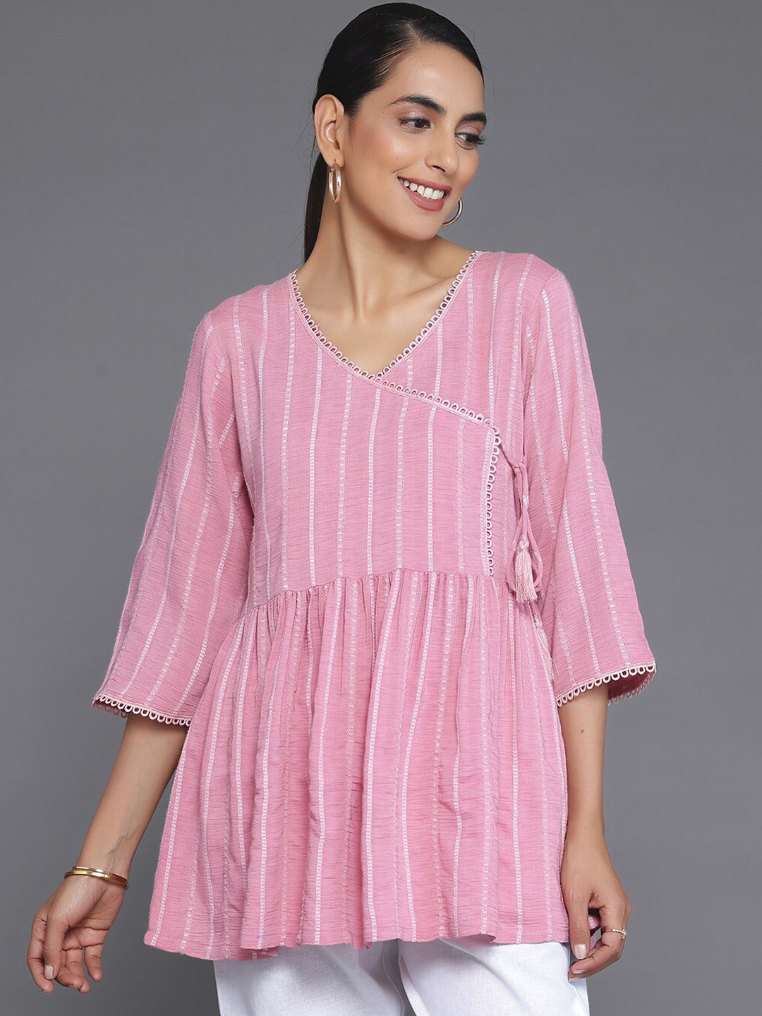 

Libas Striped Woven Design V-Neck A-Line Kurti, Pink