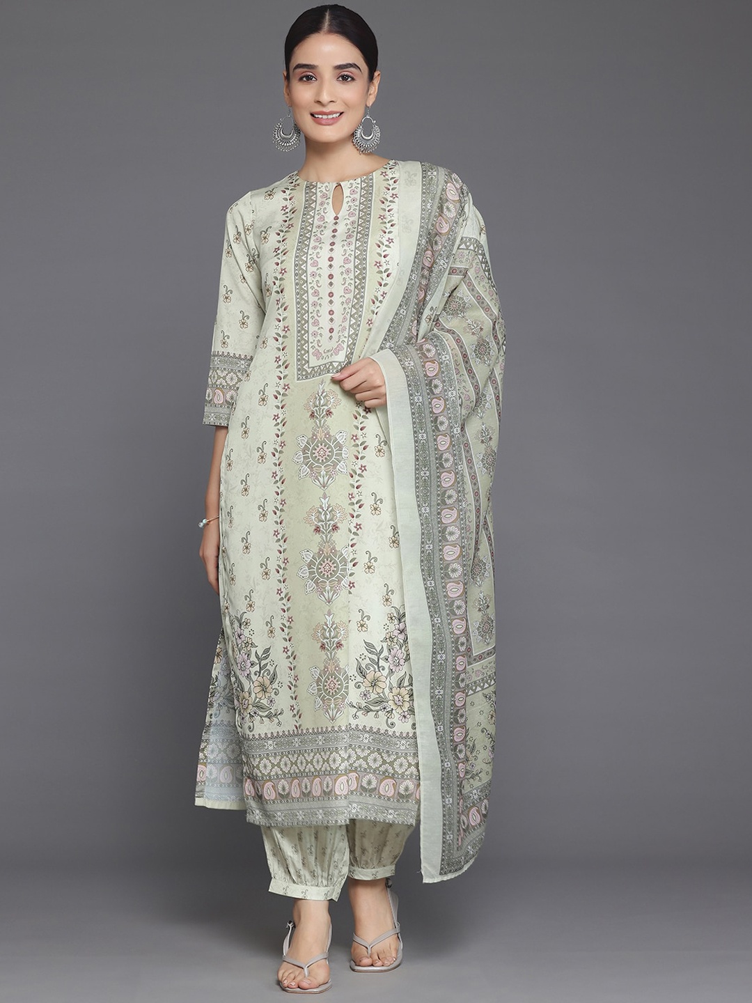 

Libas Floral Printed Keyhole Neck Regular Kurta with Salwar & Dupatta, Olive