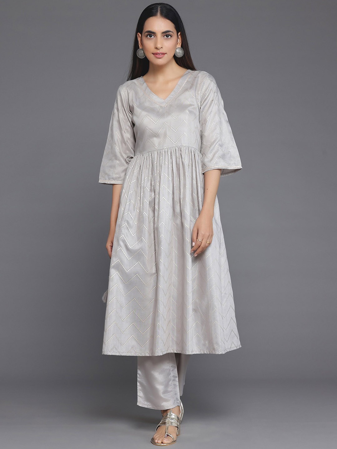 

Libas Ethnic Motifs Printed Pleated Gotta Patti Kurta with Trousers, Grey