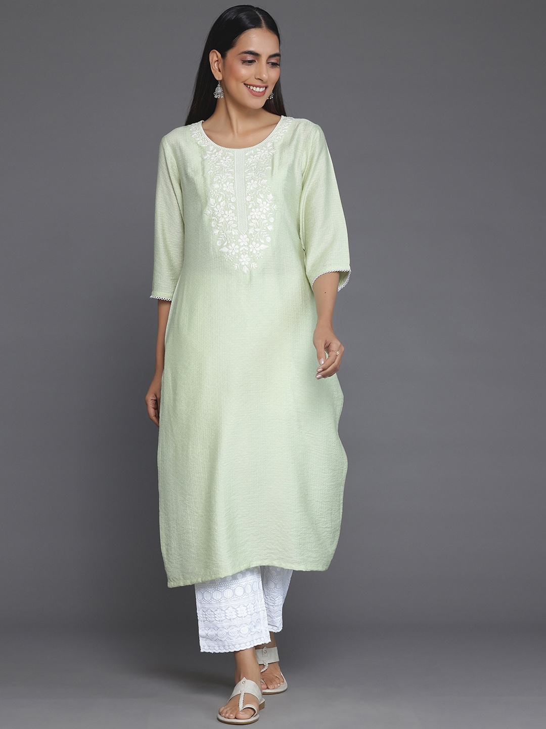 

Libas Round Neck Yoke Design Dobby Straight Kurta, Green