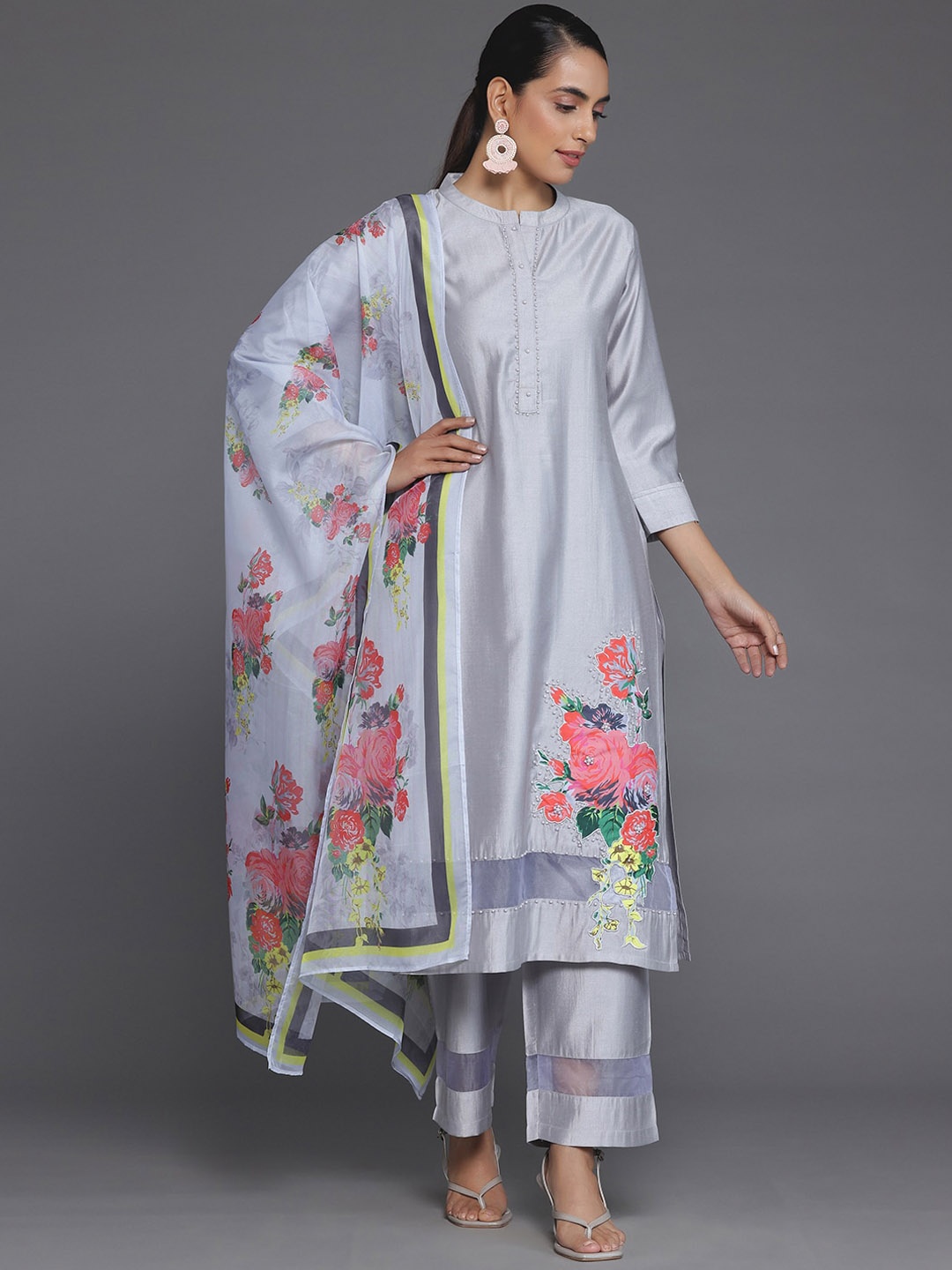 

Libas Grey Floral Embroidered Patchwork Straight Kurta With Trousers & Dupatta