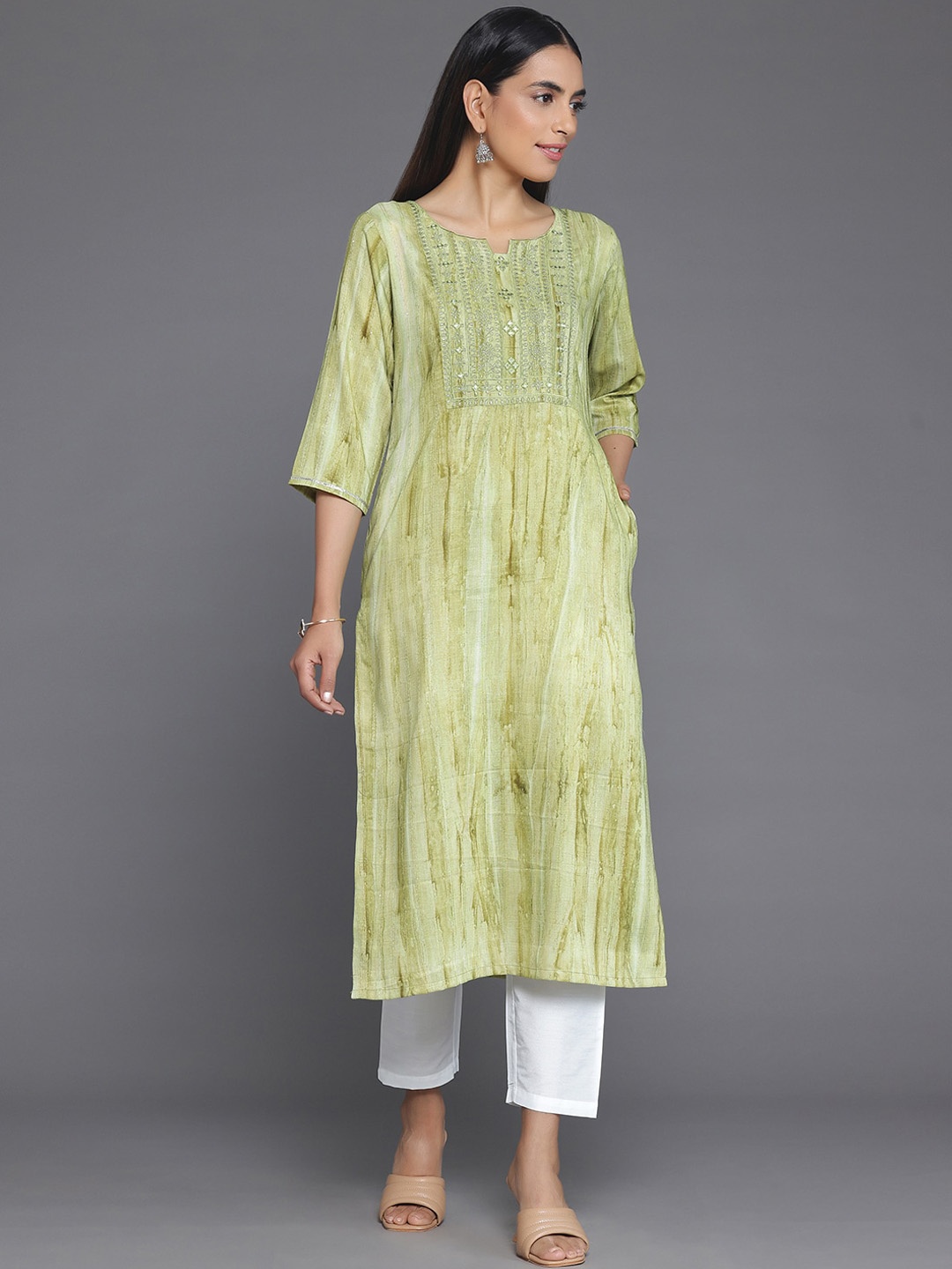 

Libas Notch Neck Striped Yoke Design Straight Kurta, Green