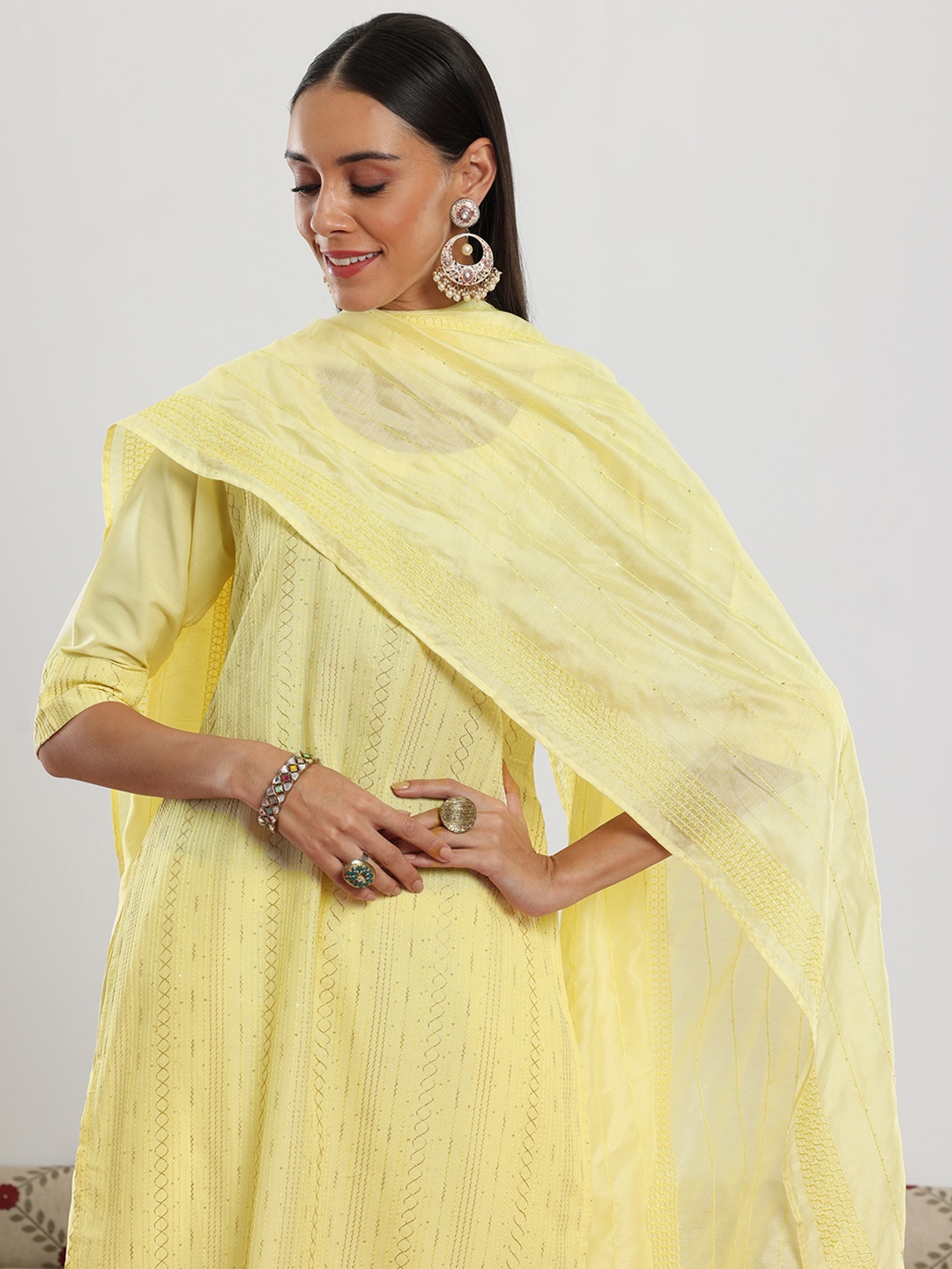 

Libas Yellow Geometric Embroidered Sequinned Straight Kurta With Trousers & Dupatta