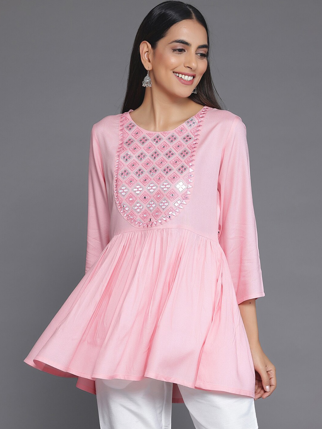

Libas Geometric Embroidered Mirror Work Pleated Kurti, Peach