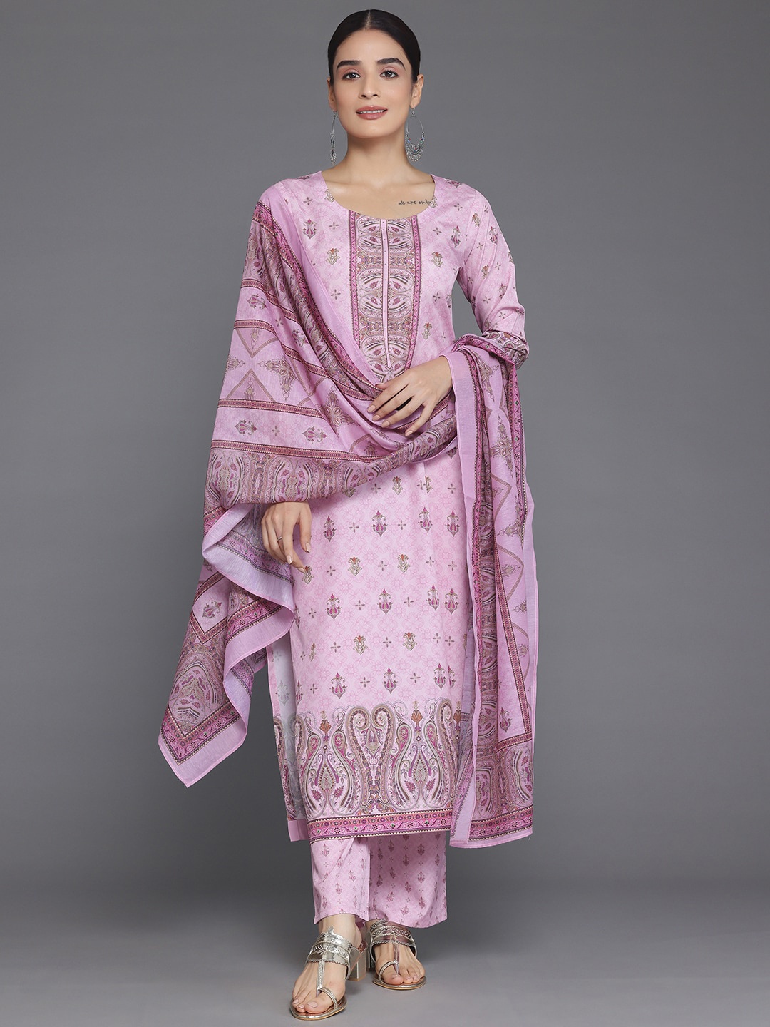 

Libas Ethnic Motifs Printed Round Neck Straight Kurta & Palazzos With Dupatta, Pink