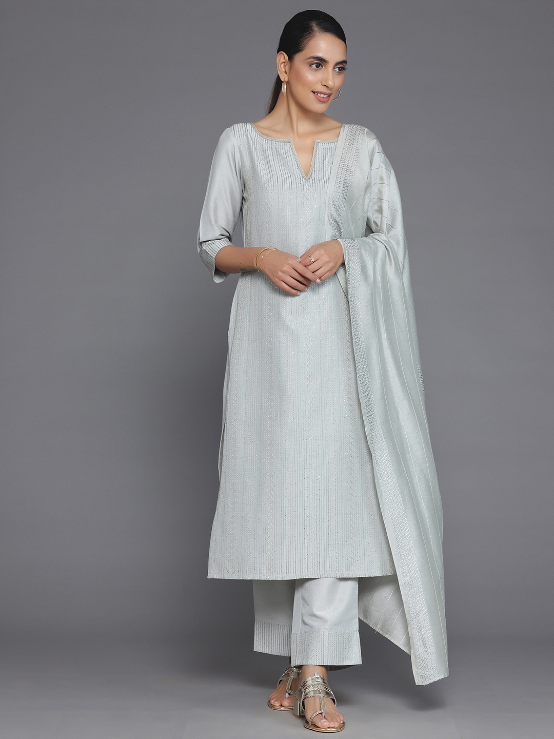 

Libas Self Design Notch Neck Straight Kurta & Palazzos With Dupatta, Grey