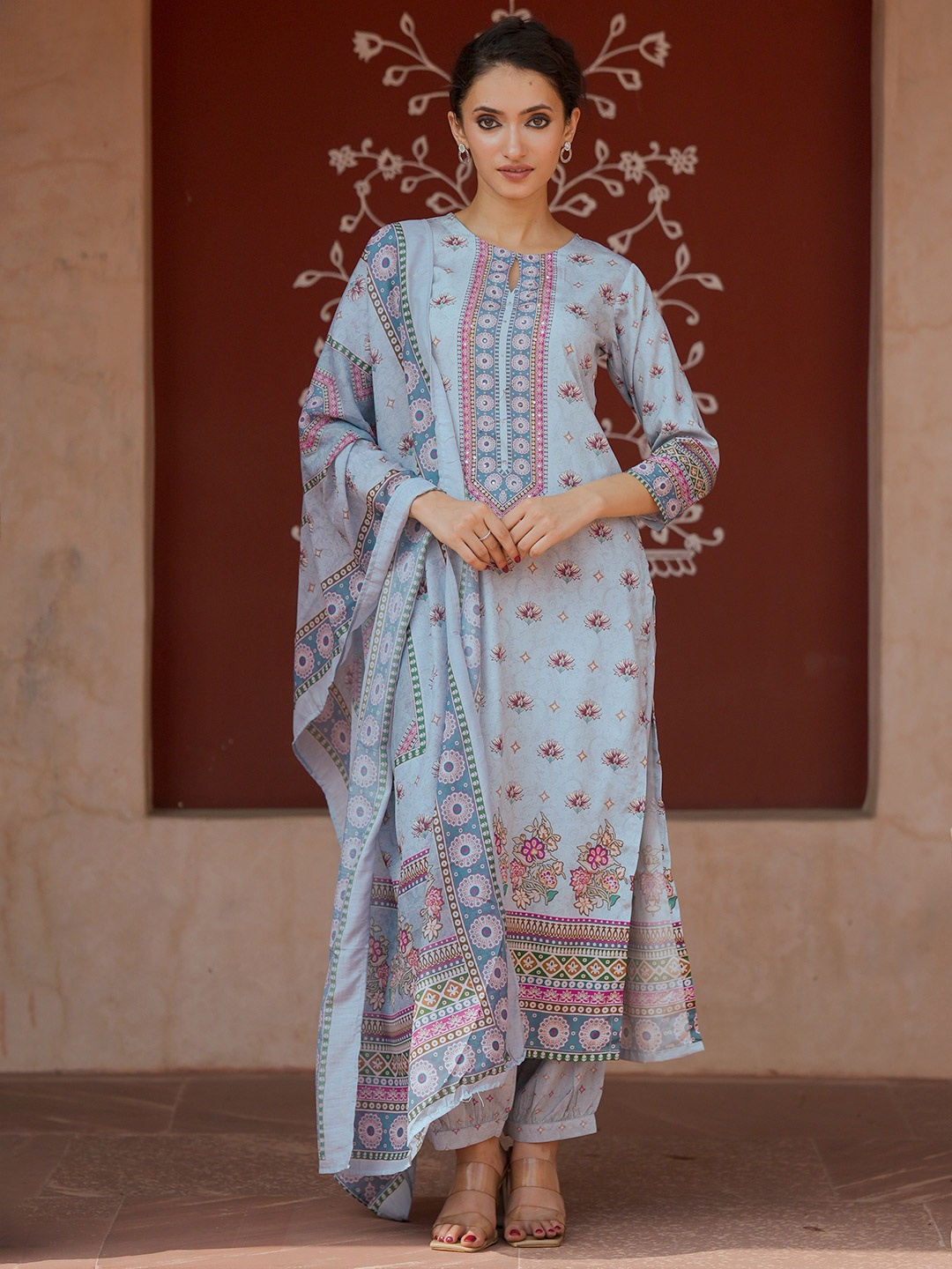 

Libas Blue Floral Printed Keyhole Neck Straight Kurta With Salwar & Dupatta