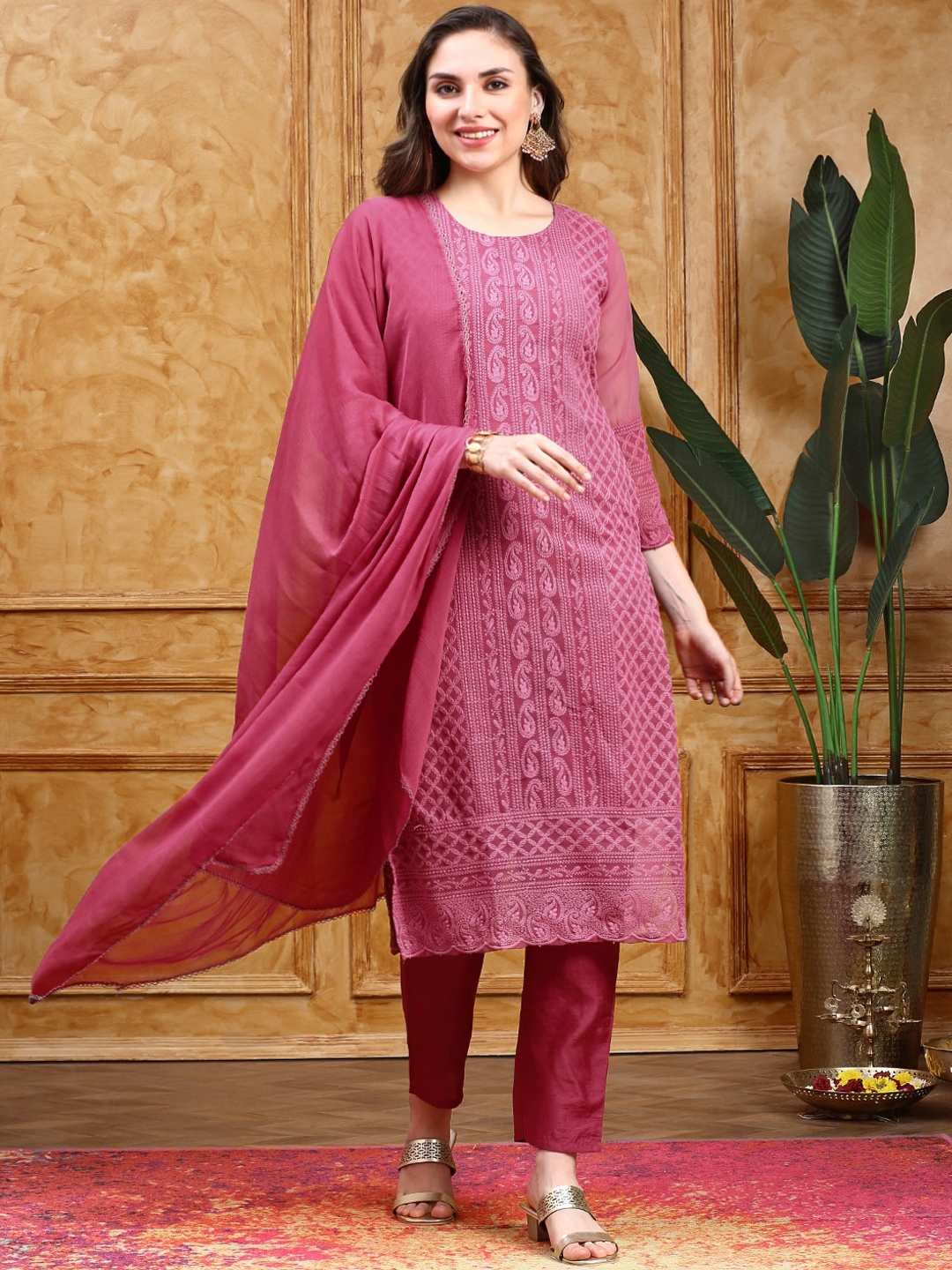 

Ishin Ethnic Motifs Embroidered Regular Chikankari Kurta with Trousers & With Dupatta, Purple