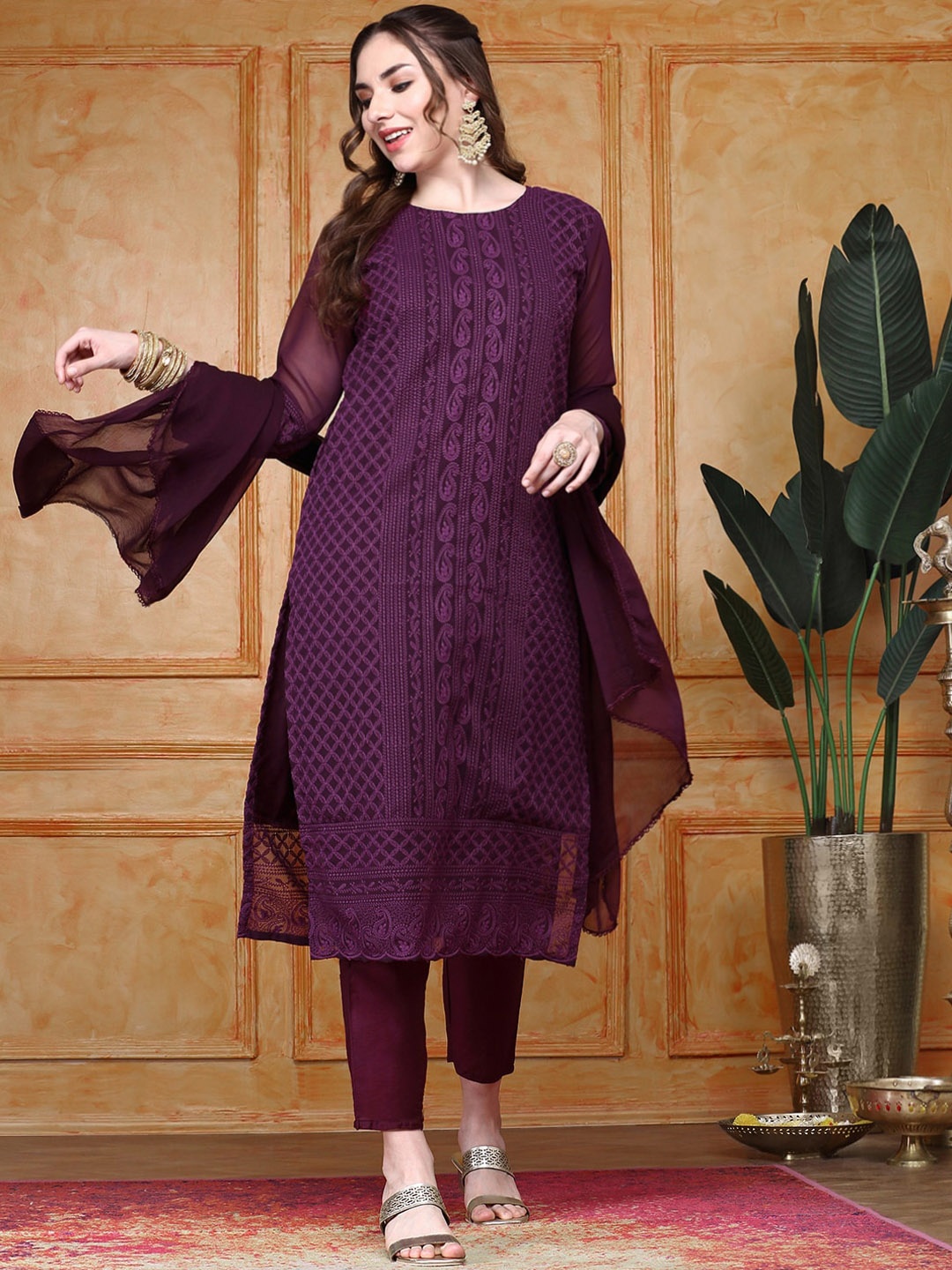 

Ishin Paisley Embroidered Regular Chikankari Kurta with Trousers & With Dupatta, Purple