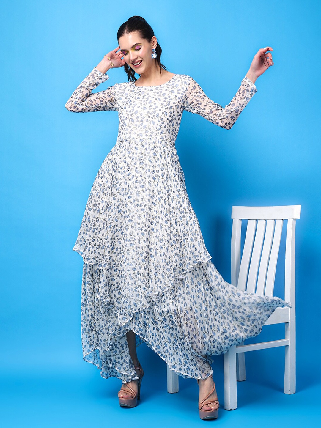 SCORPIUS Floral Printed Chiffon Maxi Dress, White
