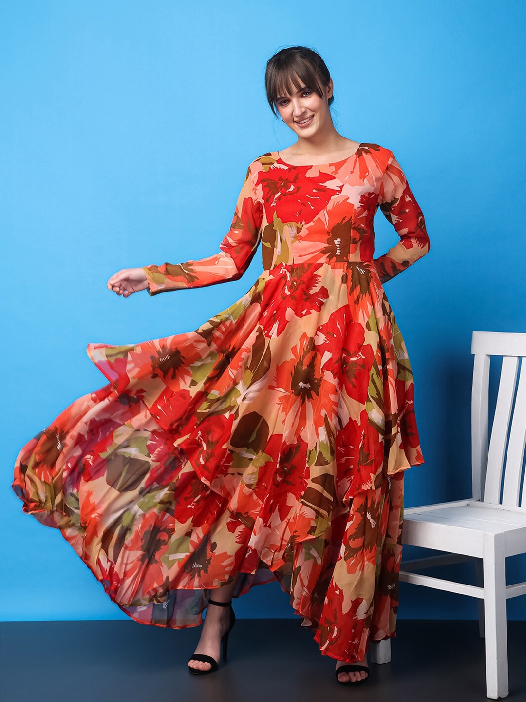 

SCORPIUS Floral Printed Layered Fit& Flare Maxi Dress, Red