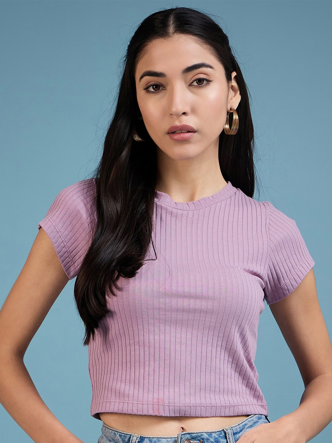 

DressBerry Lavender Striped Round Neck Knitted Crop Top