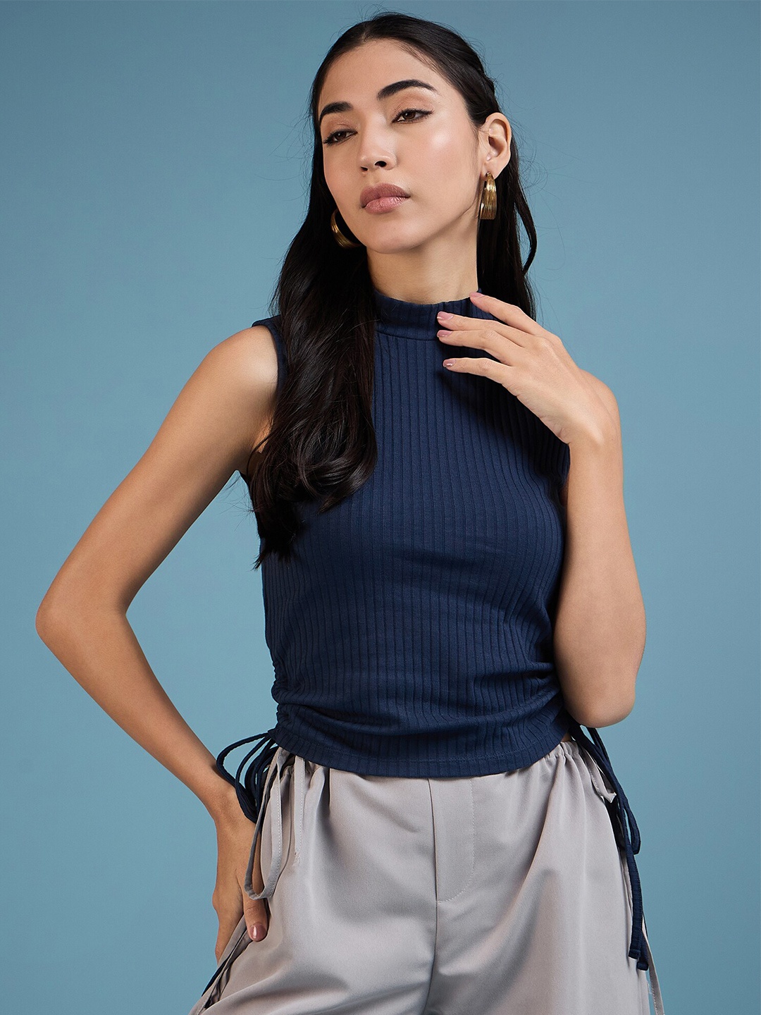 

DressBerry Vertical Stripes High Neck Fitted Top, Blue