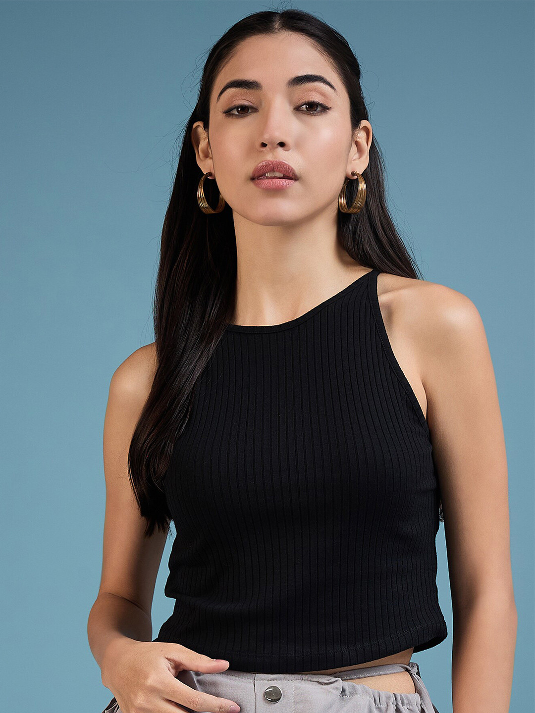 

DressBerry Black Vertical Striped Boat Neck Fitted Crop Top