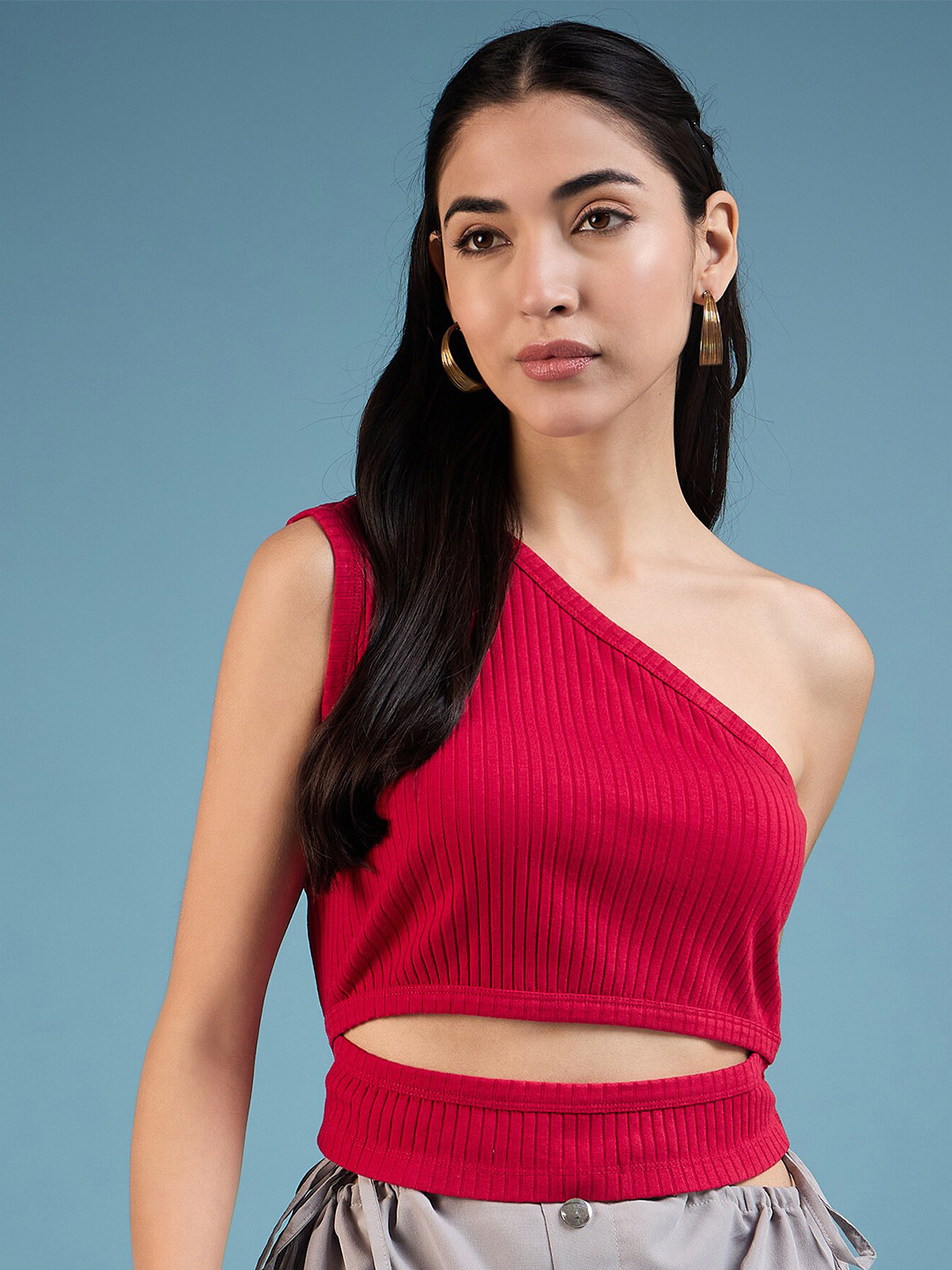 

DressBerry Vertical Stripes One Shoulder Fitted Crop Top, Red