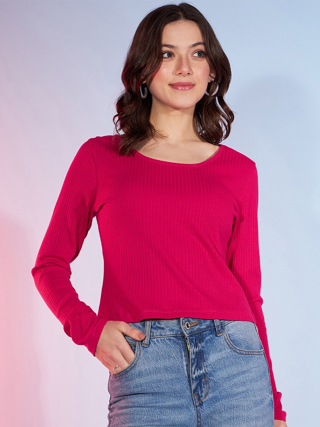 

DressBerry Self Design Round Neck Cotton Top, Magenta