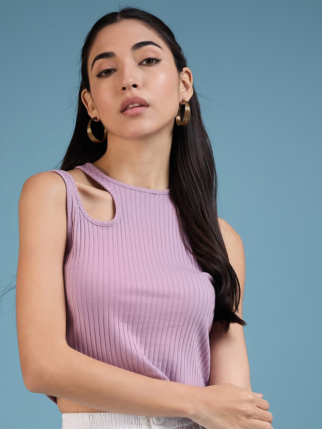 

DressBerry Round Neck Striped Cut Out Crop Top, Lavender