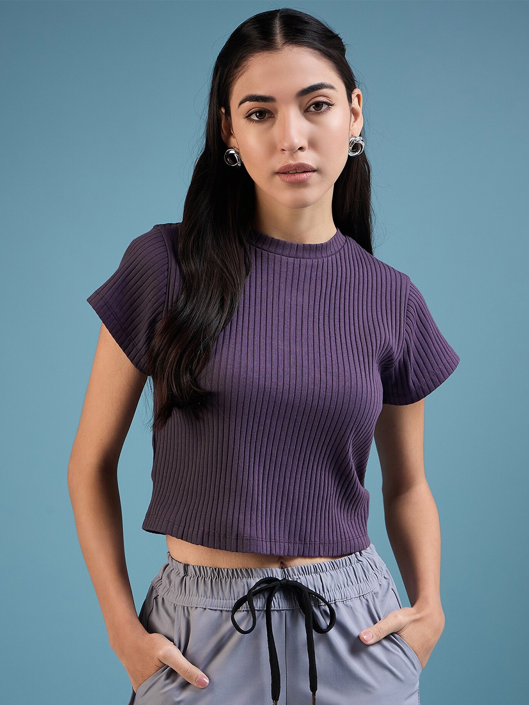 

DressBerry Vertical Stripes Crop Tank Top, Purple