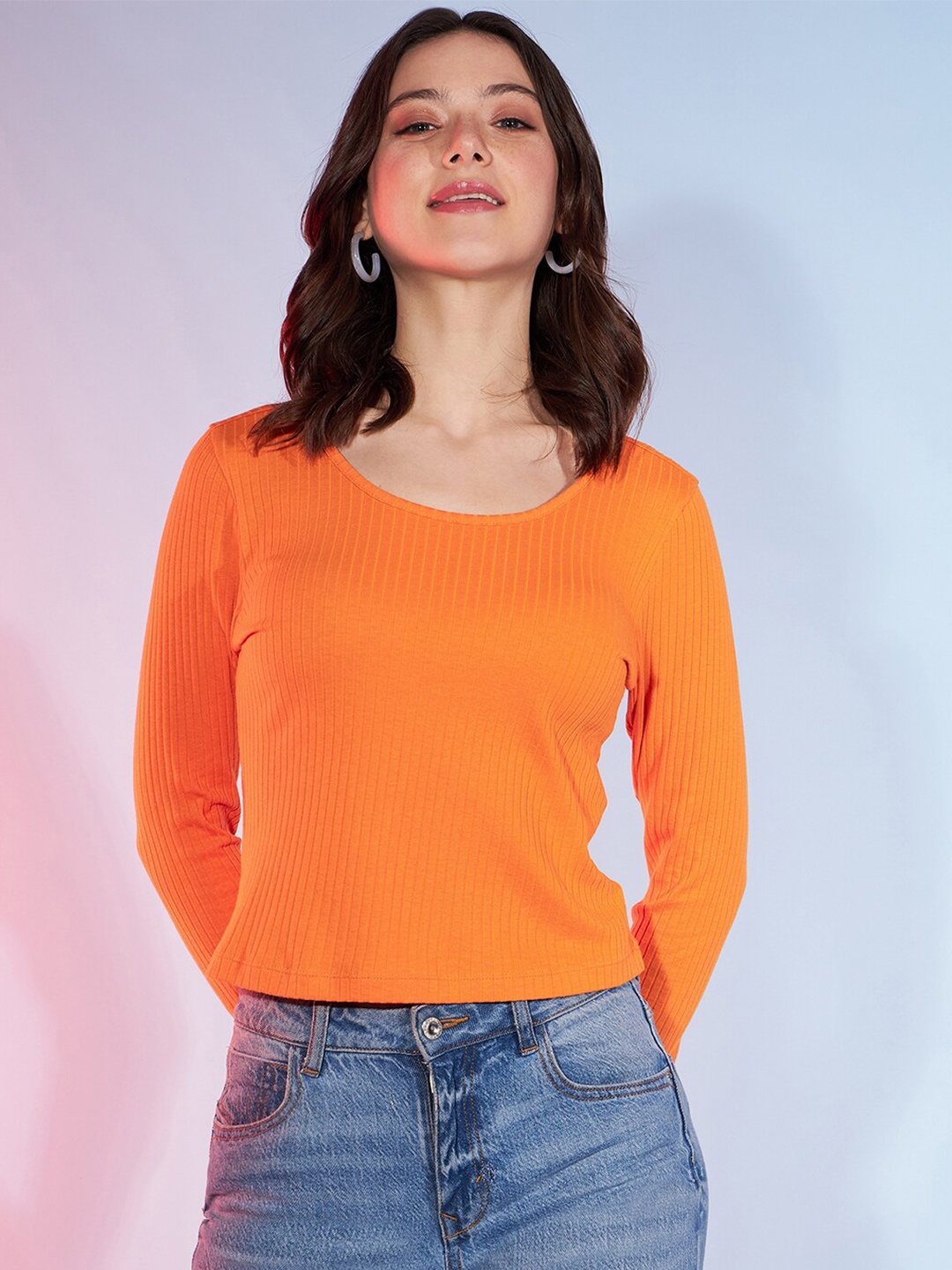 

DressBerry Orange Round Neck Long Sleeves Rib Top