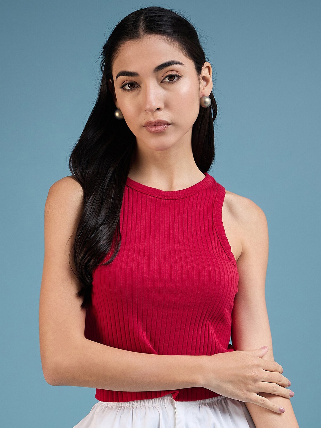 

DressBerry Red Vertical Striped Fitted Crop Top