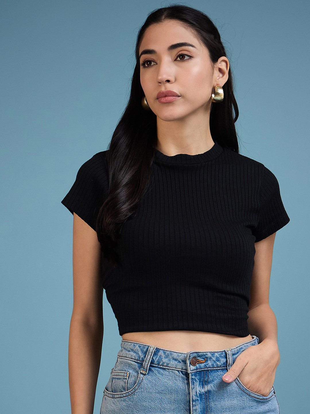 

DressBerry Round Neck Bow Detail Striped Crop Top, Black