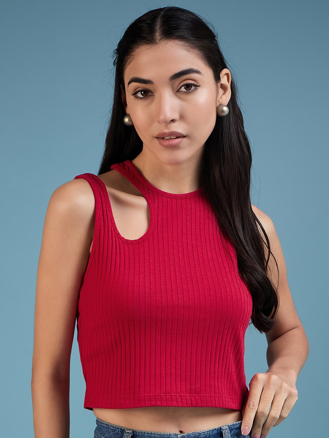 

DressBerry Vertical Stripes Styled Back Crop Top, Red