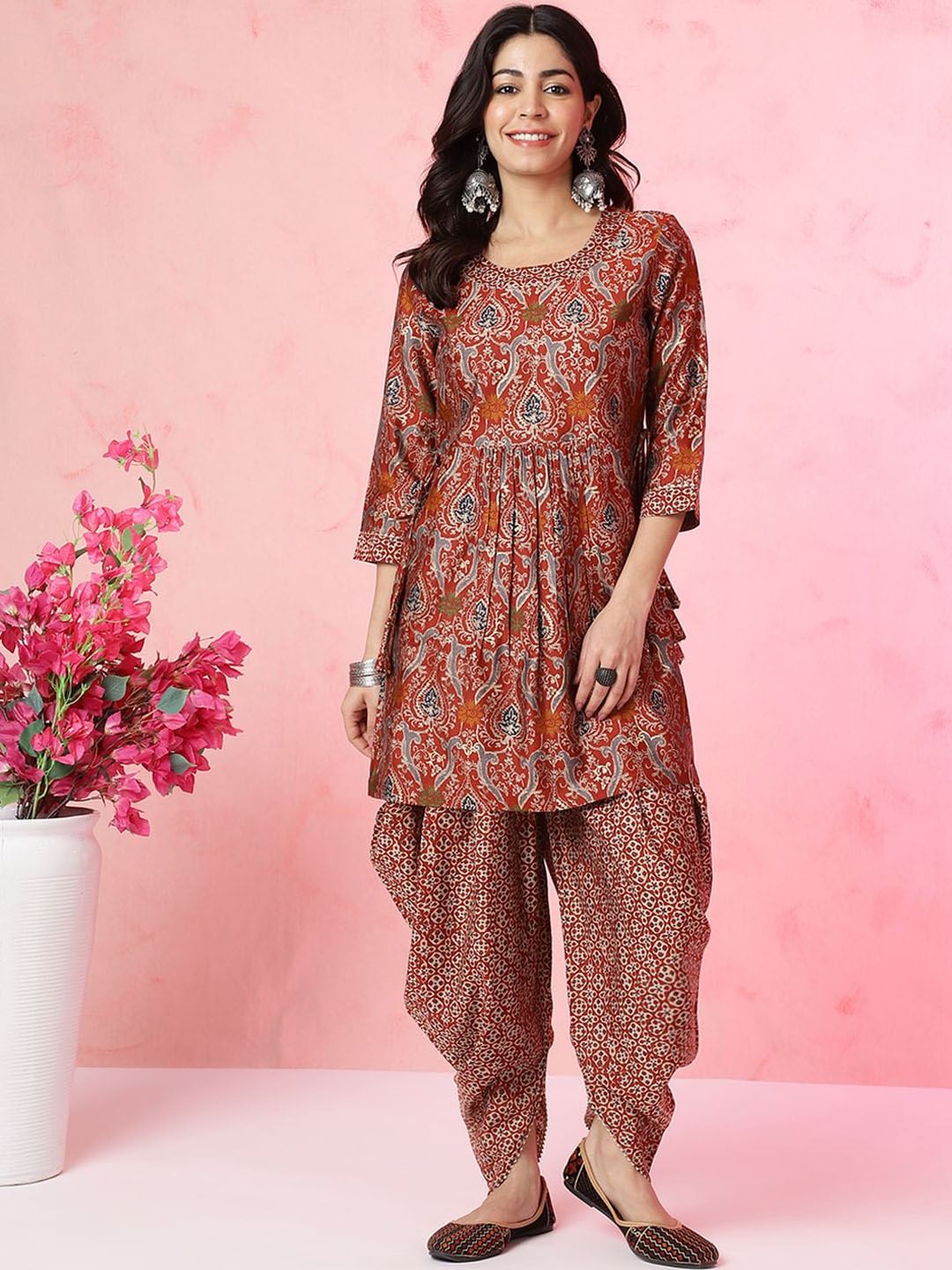 

Anouk Ethnic Motifs Printed Empire Chanderi Silk Kurti with Dhoti Pants, Rust