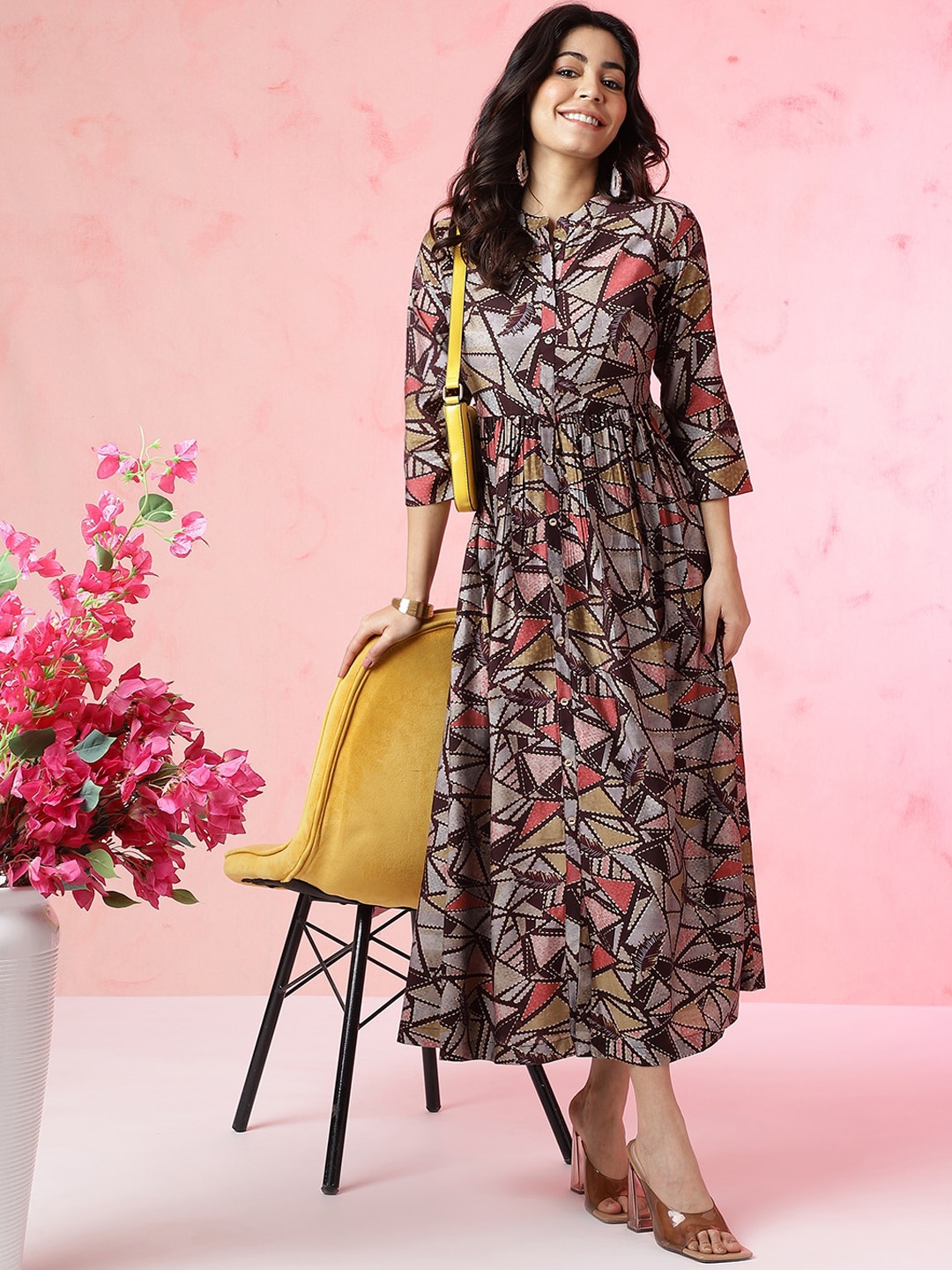 

Anouk Printed Fit & Flared Maxi Ethnic Dress, Brown