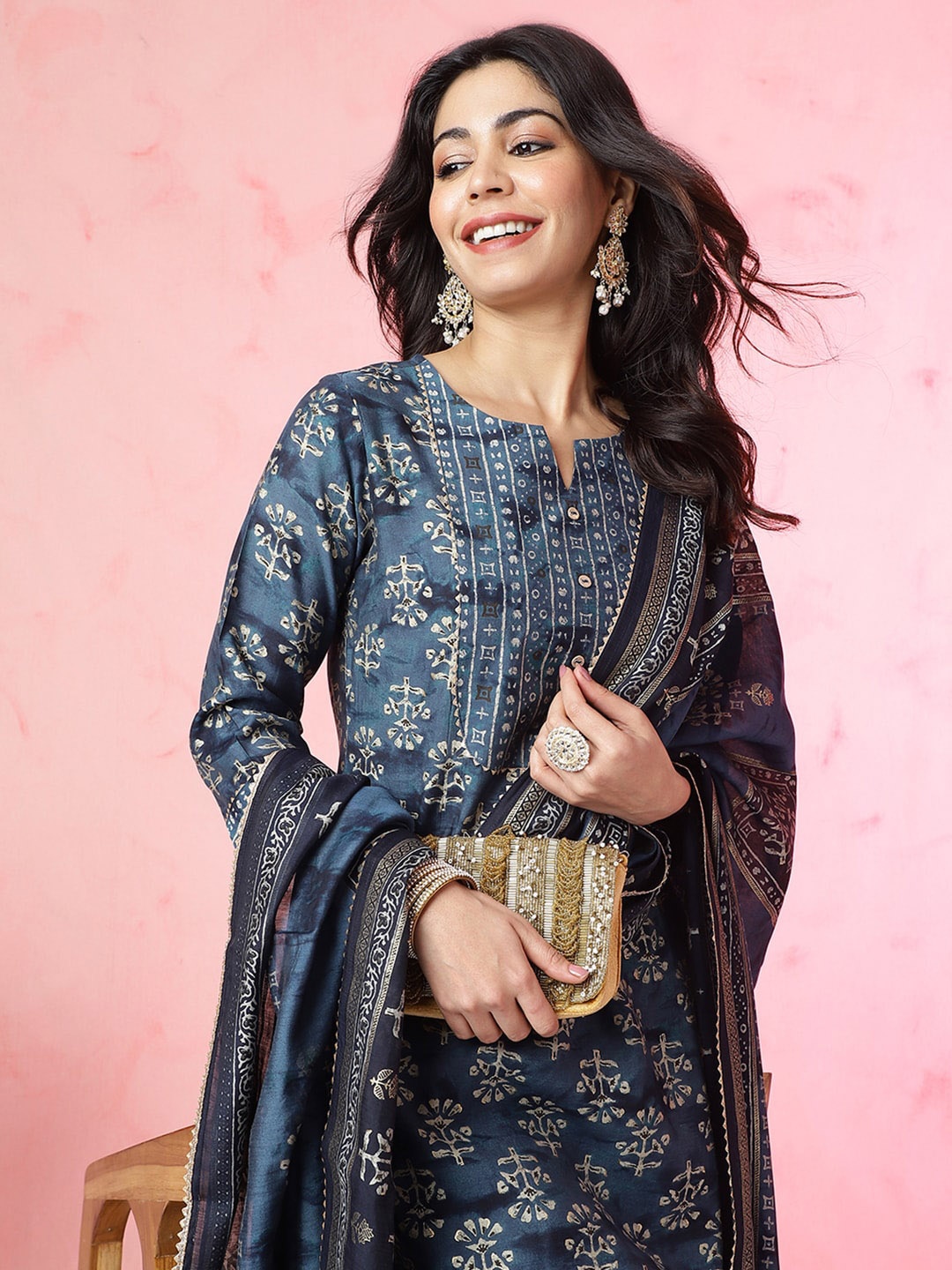 

Anouk Ethnic Motifs Printed Chanderi Silk Kurta with Trousers & With Dupatta, Blue