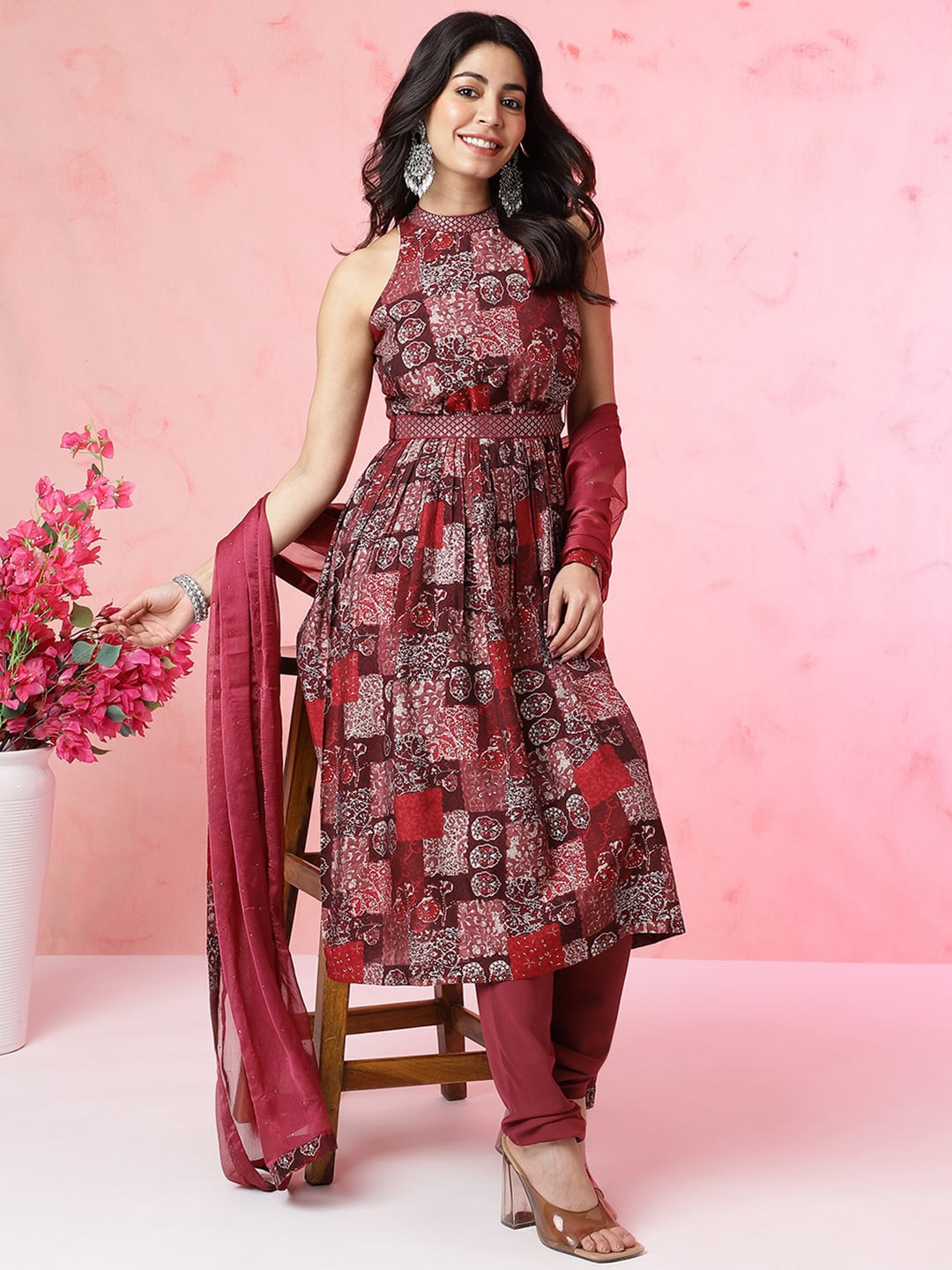

Anouk Ethnic Motifs Printed Beads and Stones Chanderi Silk Kurta with Churidar & Dupatta, Maroon