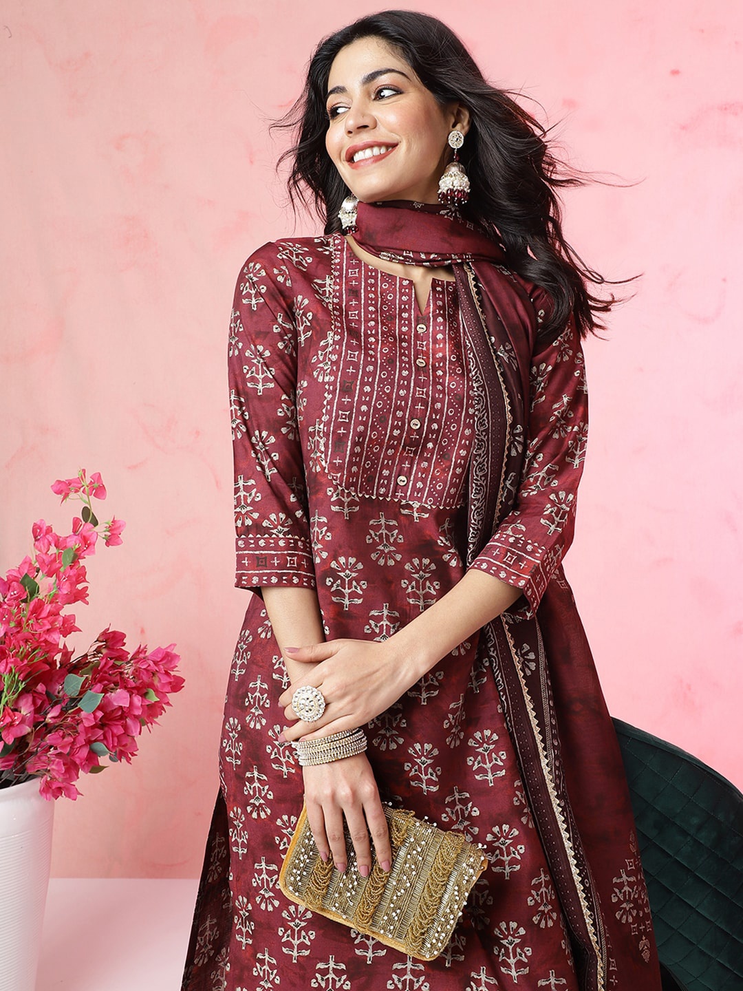 

Anouk Ethnic Motifs Printed Chanderi Silk Kurta with Trousers & With Dupatta, Burgundy