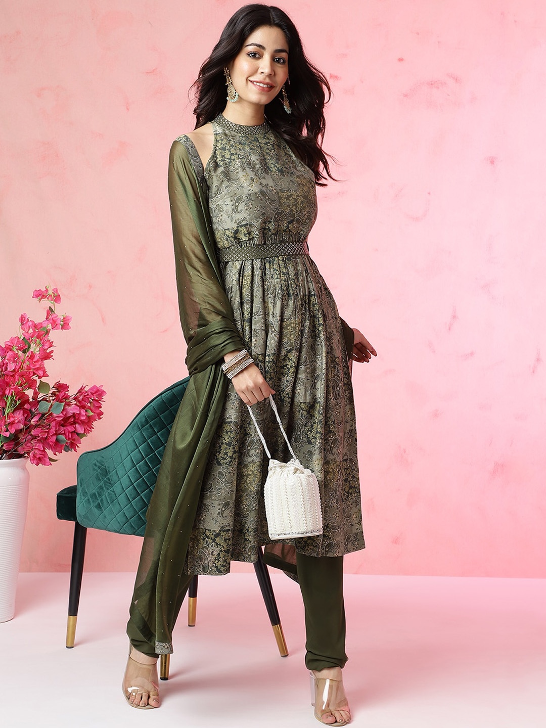 

Anouk Olive Ethnic Print Empire Beads & Stones Chanderi Silk Kurta with Churidar & Dupatta